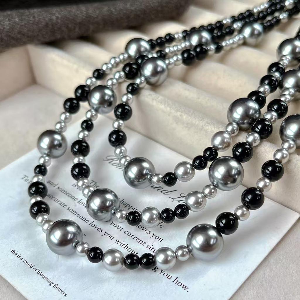 Collana Vintage Doppia Notte Nera Agata Nera Naturale Cristallo Artificiale Perla Catena Clavicola