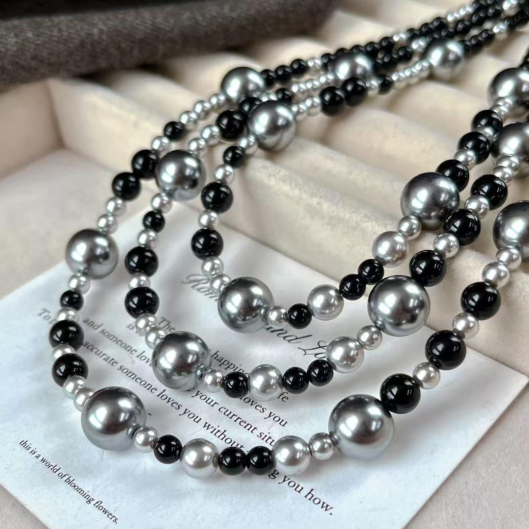 

Vintage Double Dark Night Black Natural Black Agate Artificial Crystal Pearl Necklace Clavicle Chain