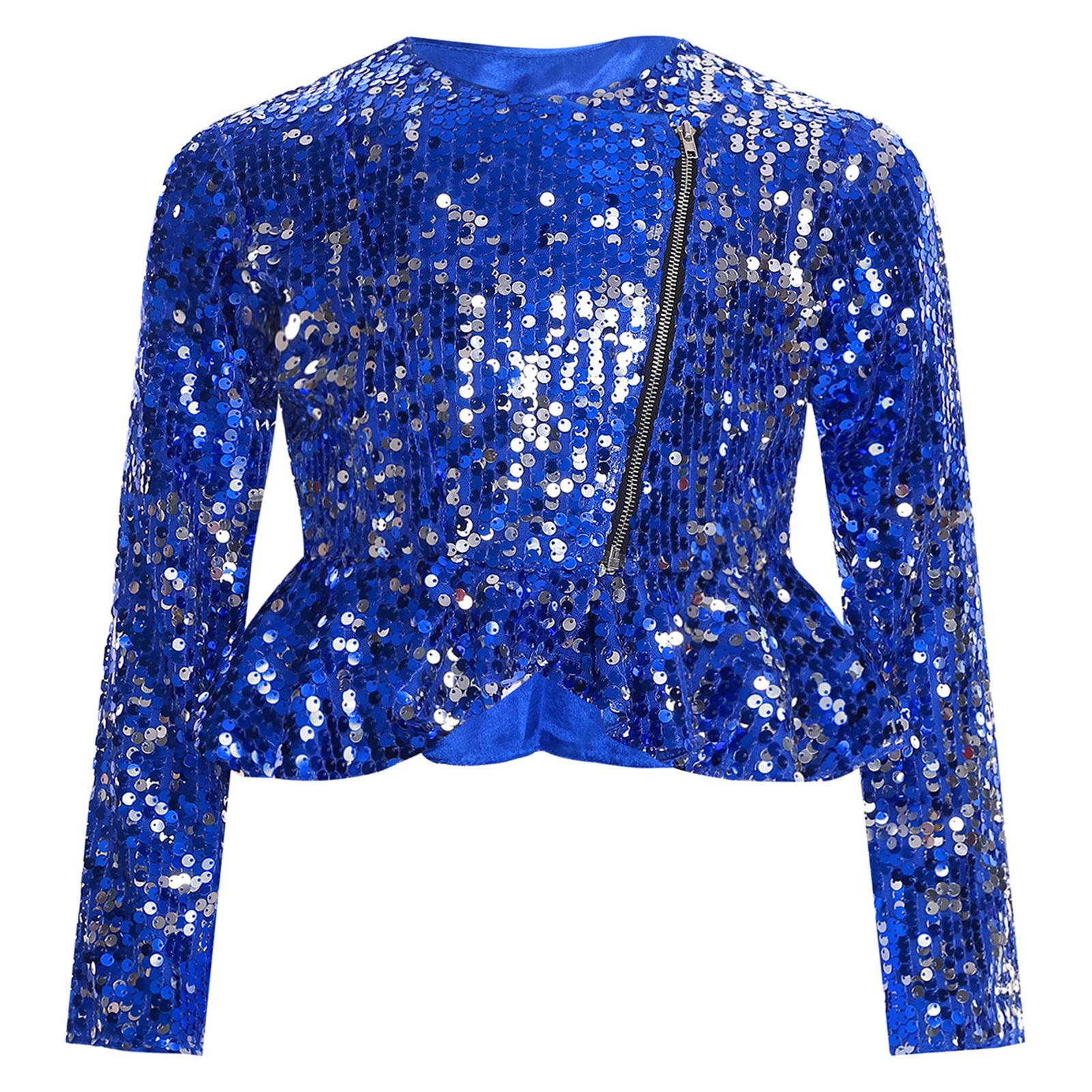 Mädchen All-Over Pailletten Strickjacke Top Vorne Doppelreißverschluss Langarm Rüschen Schößchen Kurz Geschnitten Oberbekleidung 7-8 Years königsblau