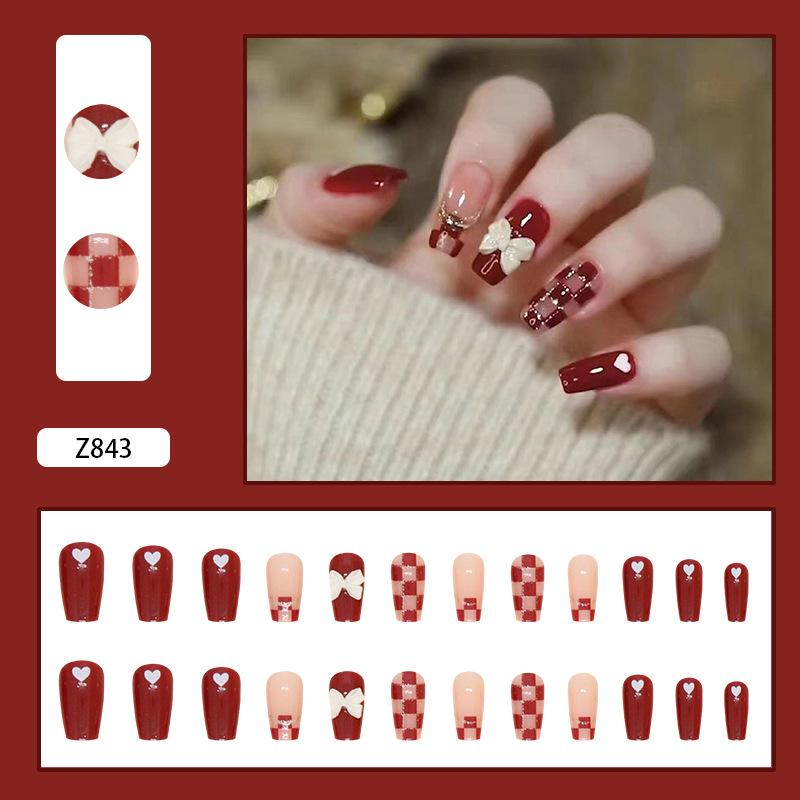 

24 шт. Короткие балетки новогодние красные шахматные алмазные банты Love Nail Art Готовые продукты Wear Nail Fake Nails