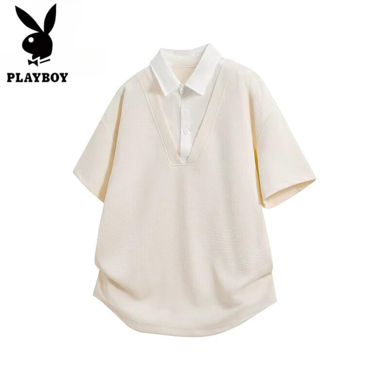 PLAYBOY Men s Summer Faux Two-Piece Waffle V-Neck Polo Shirt M