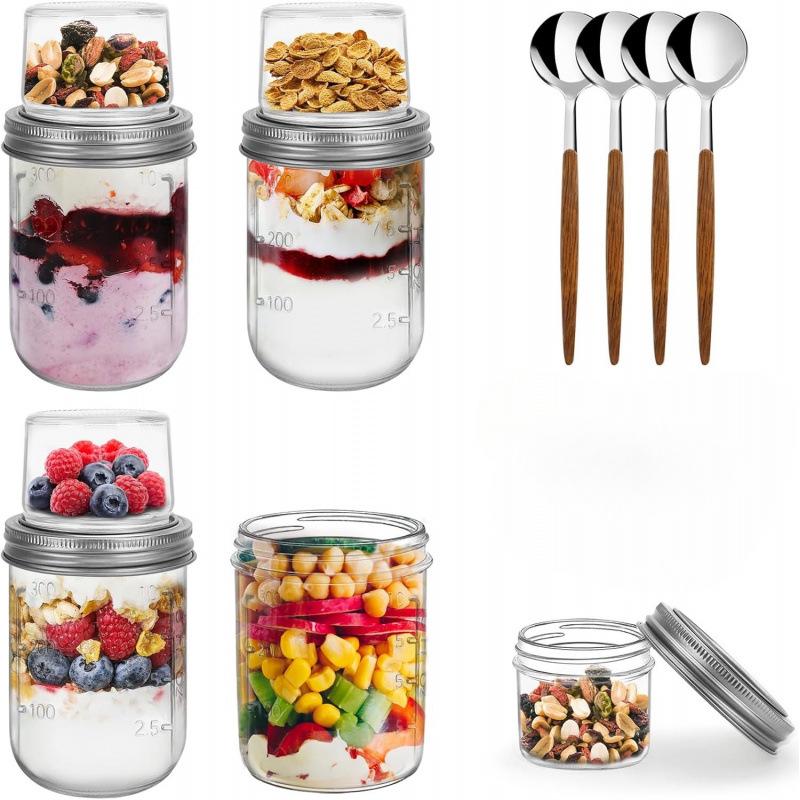 Double-Layer Glass Breakfast Jar with Lid and Spoon - Portable Oats, Yogurt & Salad Cup