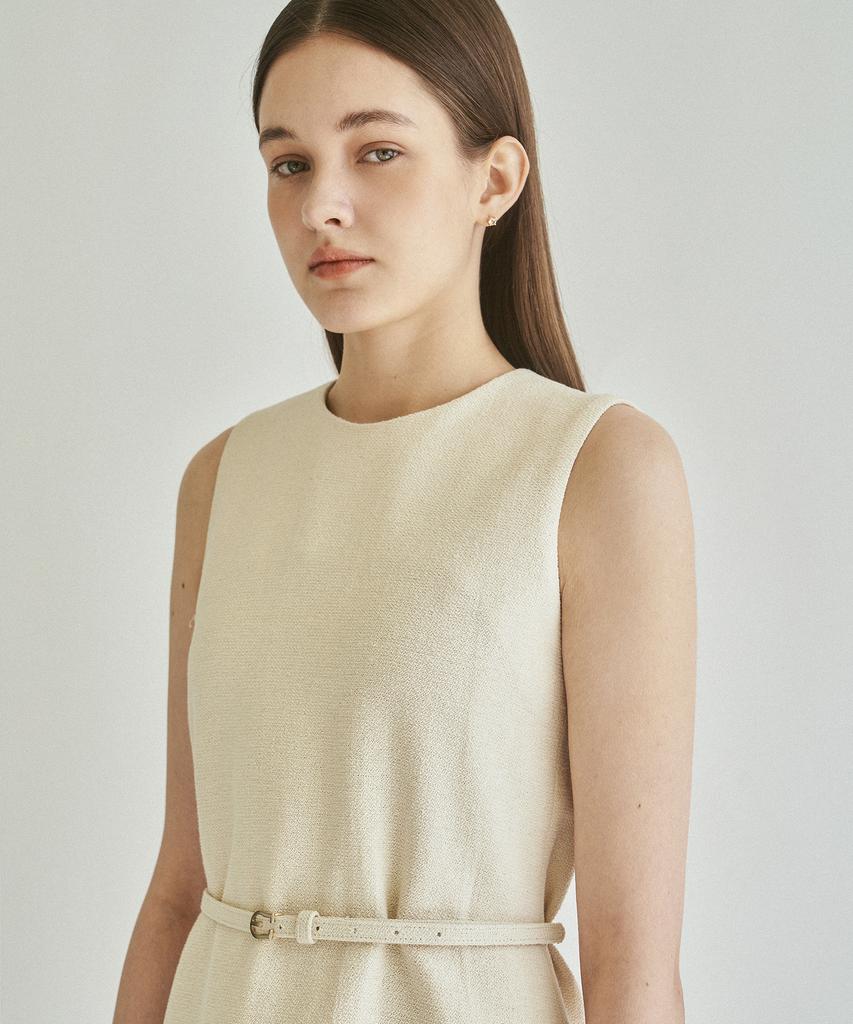 Kkeulle Belted Cotton Tweed Dress_Ivory