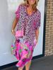 Leopard Print Patchwork Dresses Women V-neck Short Sleeves Pocket Loose Slit Midi Dress