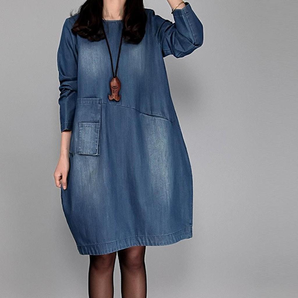 Fashion Women Denim Dress Knee Length Long Sleeve Loose Dress