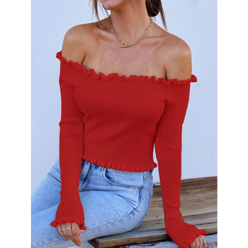 Women's Autumn and Winter Wooden Ear Side One Shoulder Long Sleeve Sexy High Waist Short Top