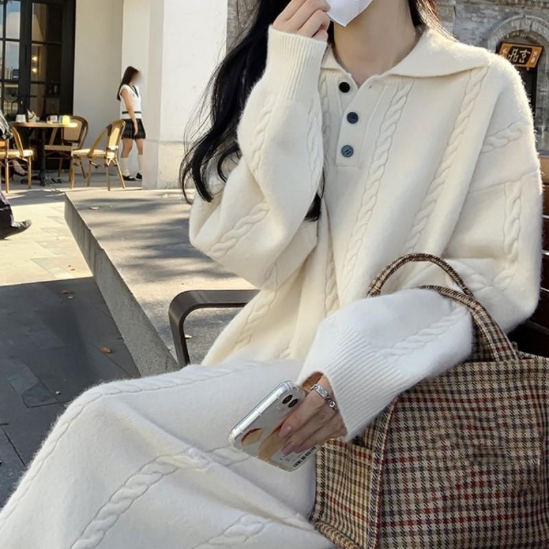New autumn and winter knitted dress women's loose fashion lapel twist primer sweater skirt women's fashion trend