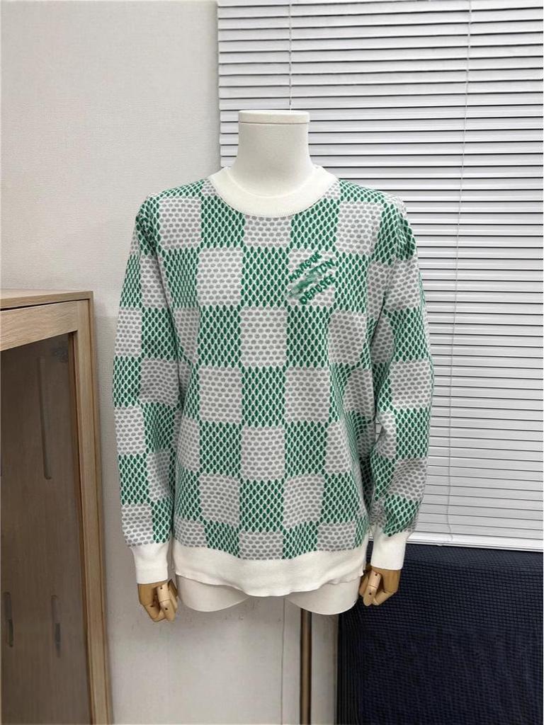 LV 25 Unisex Plaid Checkerboard Jacquard Sweater - Color Block, Round Neck, OS Fit