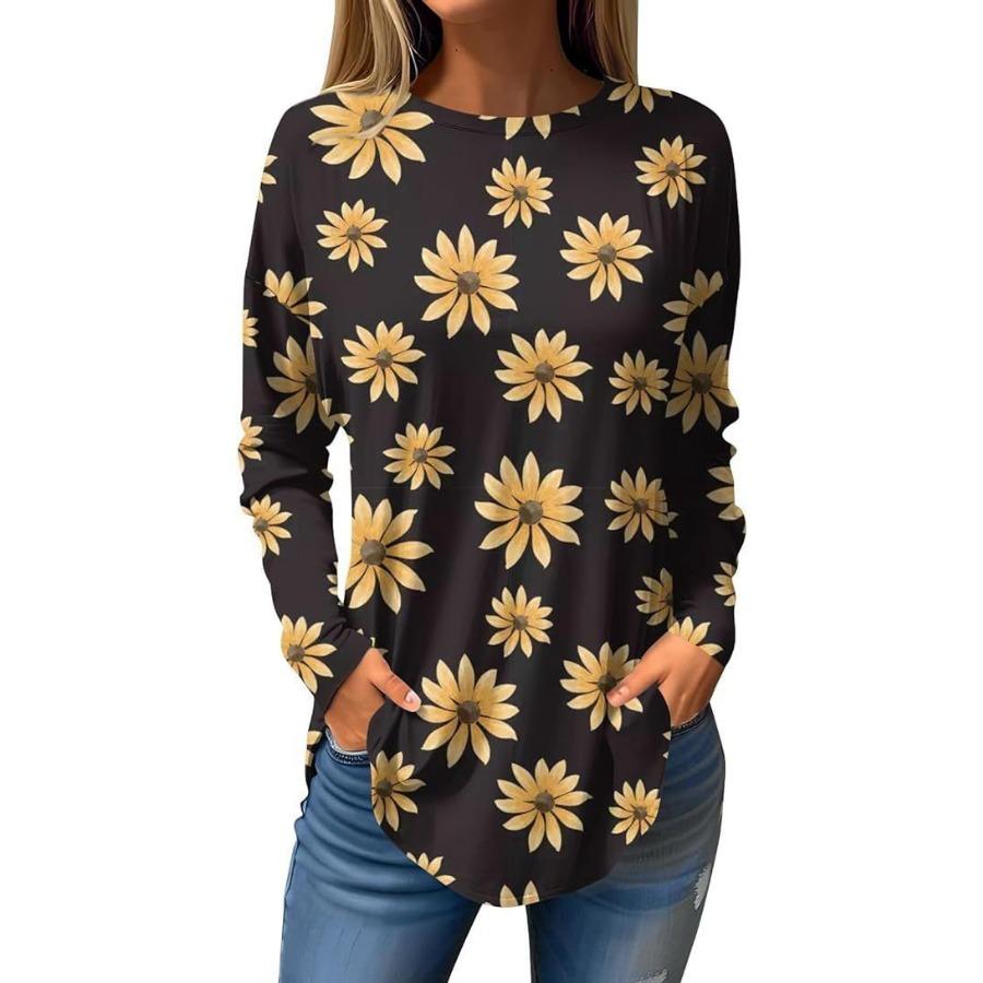 

Винтажные футболки с длинным рукавом и 3D-принтом, цветочный круглый вырез, топ для женской одежды 5XL