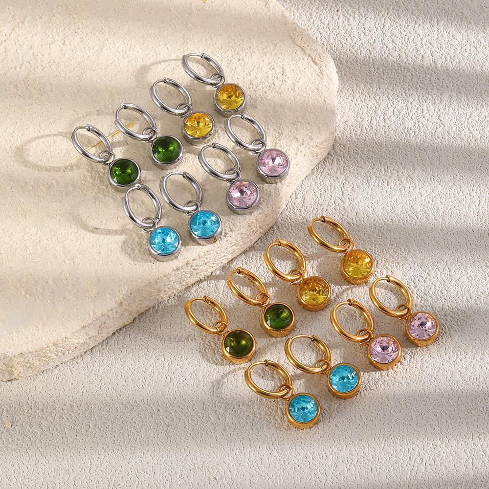 Exquisite 18K Gold-Plated French Earrings with Colorful Round Diamonds