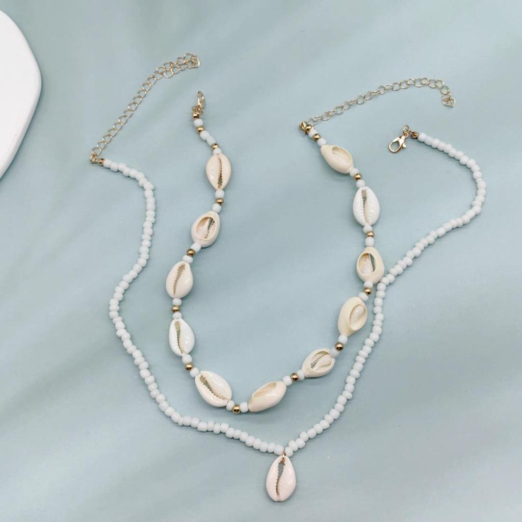 Bohemian Style Multi-Layer Clavicle Chain Necklace with Seed Beads and Shell Pendant for Women