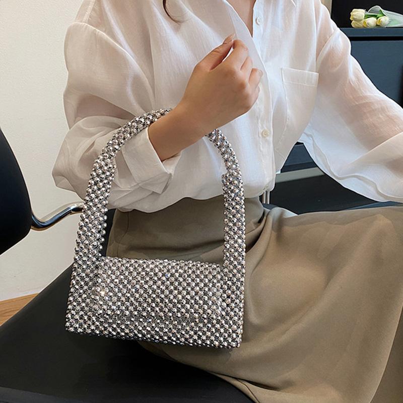 Underarm Bag Women Retro Plastic Shiny Hand-woven Beaded Pearl Sequin Totes New Shoulder Bag Armpit Evening Bag Cover Handbags