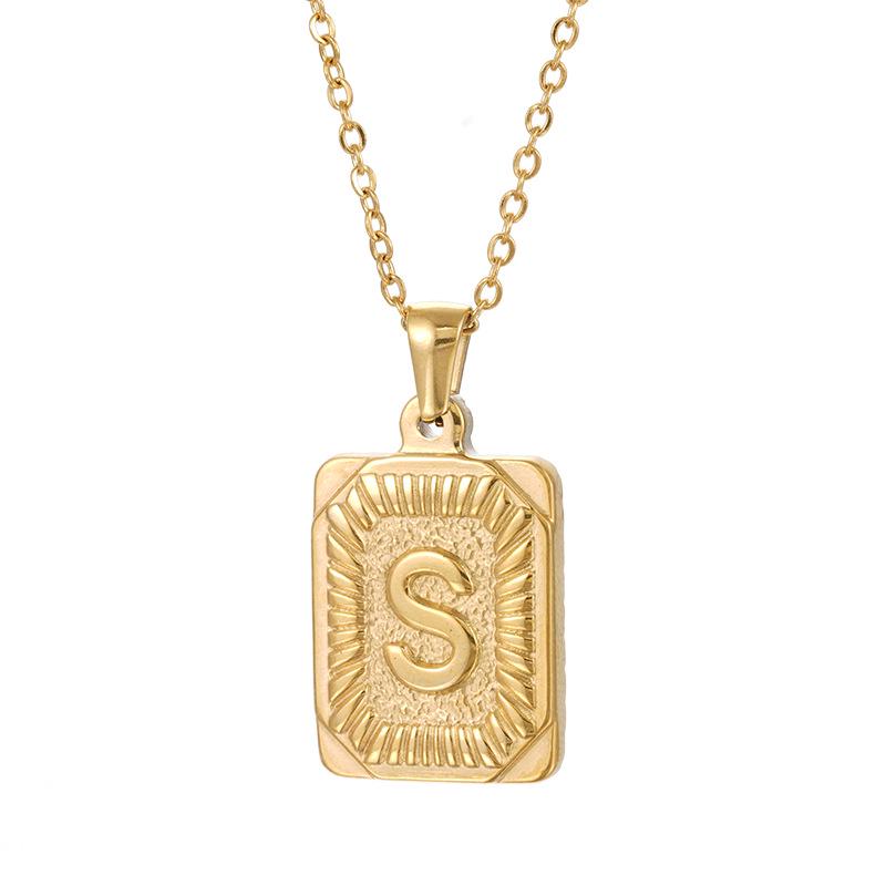 Men's 18K Gold Stainless Steel Square Pendant Necklace with Titanium Steel Uppercase English Letters