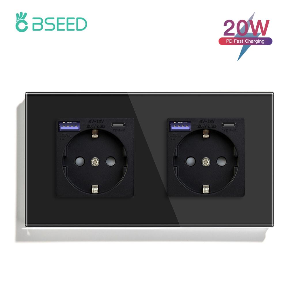 BSEED Double EU Wall Socket Type-c USB Power Sockets Android Apple Mobile Phone Charging Ports Glass Panel 16A