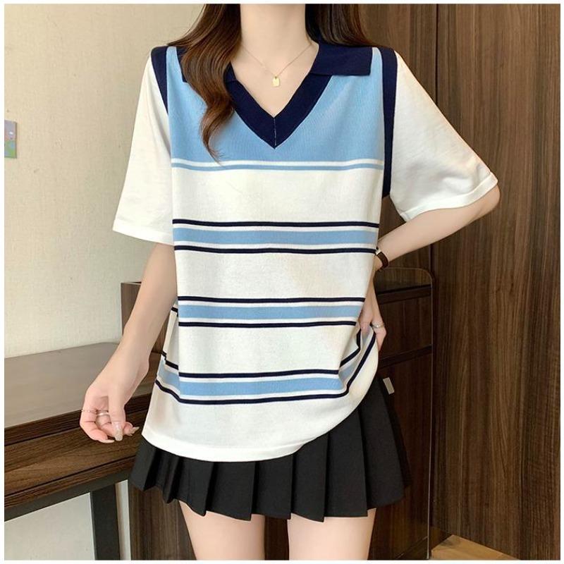 Striped Women's T-shirts Loose V-neck Contrasting Color Woman Short Sleeved Top Summer Casual Fashionable Ladies Pullover New Trend Tees