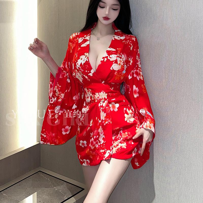 Sexy Lingerie Pure Lust Sexy Japanese Cherry Blossom Kimono Hot Uniform Temptation No-take Pajama Set