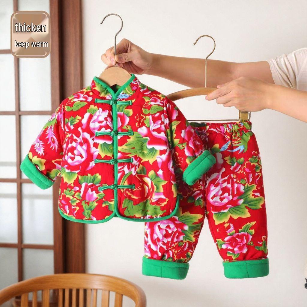 

Northeast Boys & Girls Floral Cotton-Padded Jacket Set - Winter Thickened Children s New Year Outfit 80 cm