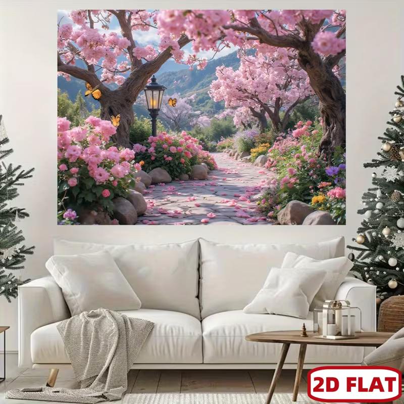 2D Pink Sakura Garden Tapestry Cherry Blossom Path Stone Road Wall Hanging for Bedroom Living Room Party Decor