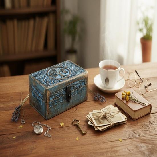 20.32 Cm Wooden Jewellery Storage Box with Tree of Life Design Blue Trinket Organizer with Metal Lock Ideal for Women, Wedding Festival Gifts