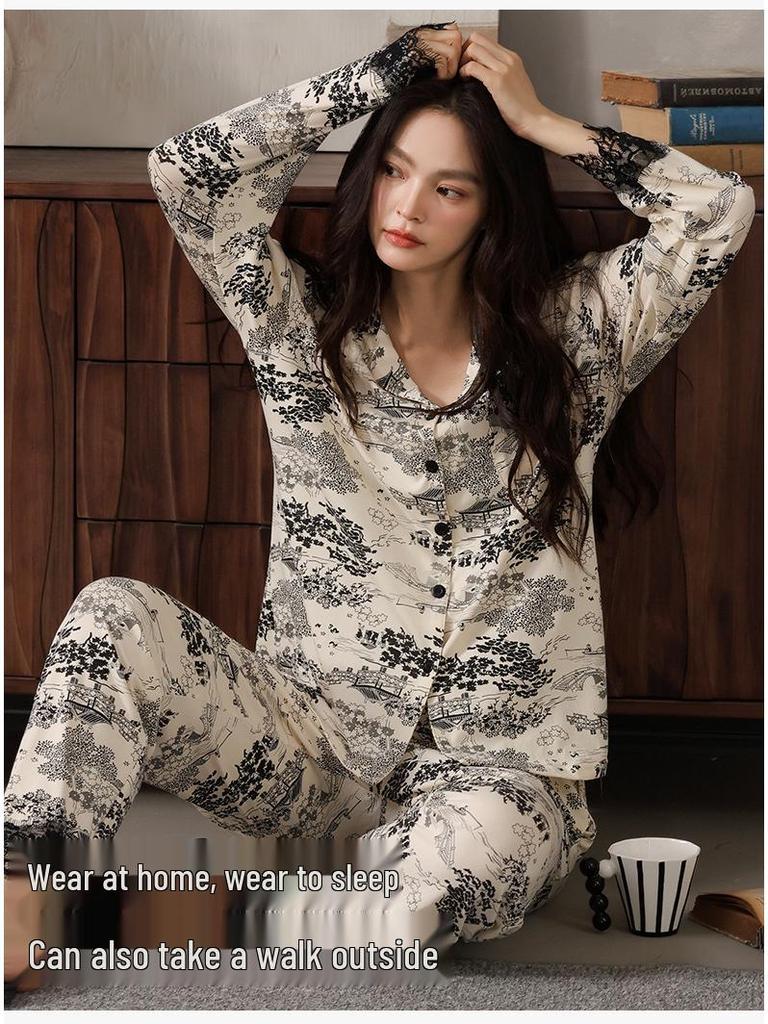 Autumn/Winter Modal Cotton Women's Long Sleeve Pajamas Set with Hyaluronic Acid - High-End Spring Style for Indoors and Outdoors