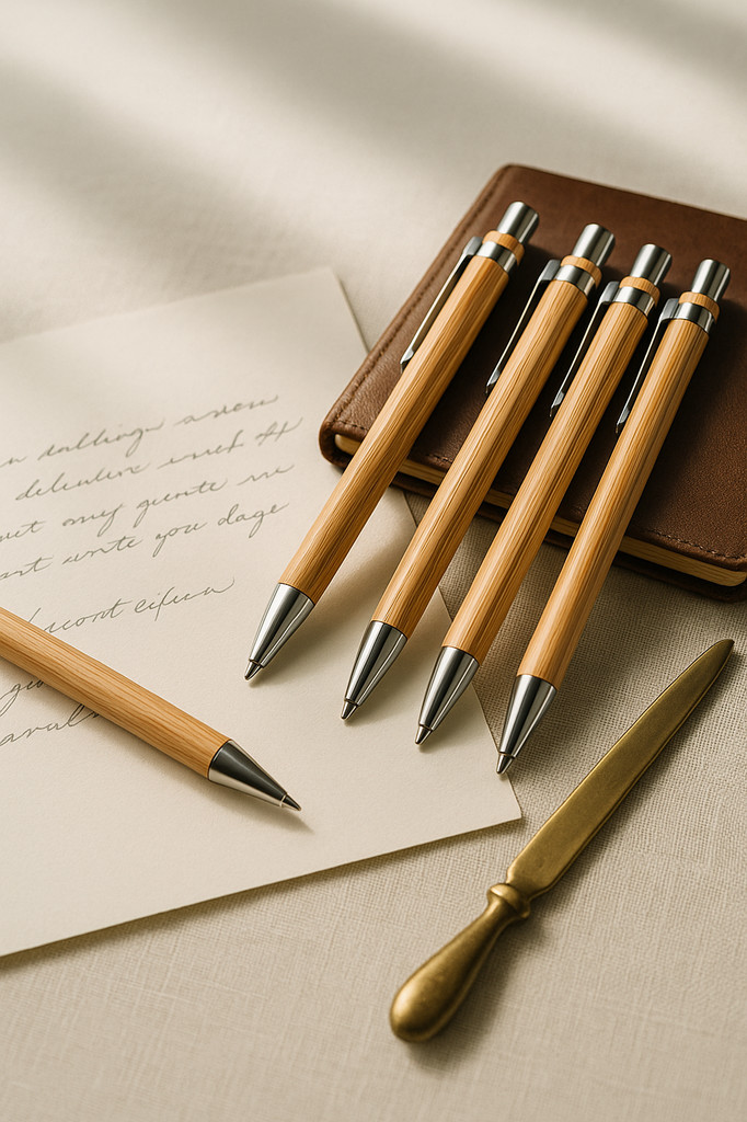 4-teiliges Set Kugelschreiber aus Bambusholz, 1,0 mm Rundspitze, blau-schwarze Tinte