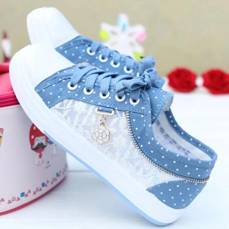 Fashion Girls Blue Canvas Shoes Lace up Women Flat Shoes Summer Mesh Women Sneakers Comfort Female Casual Footwear Flowers Ladies Shoes