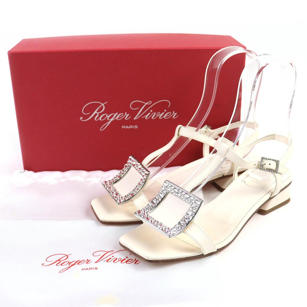 Great ROGER VIVIER Sandals Beaded Ankle with Strap Square Toe Leather Ivory  37 Used