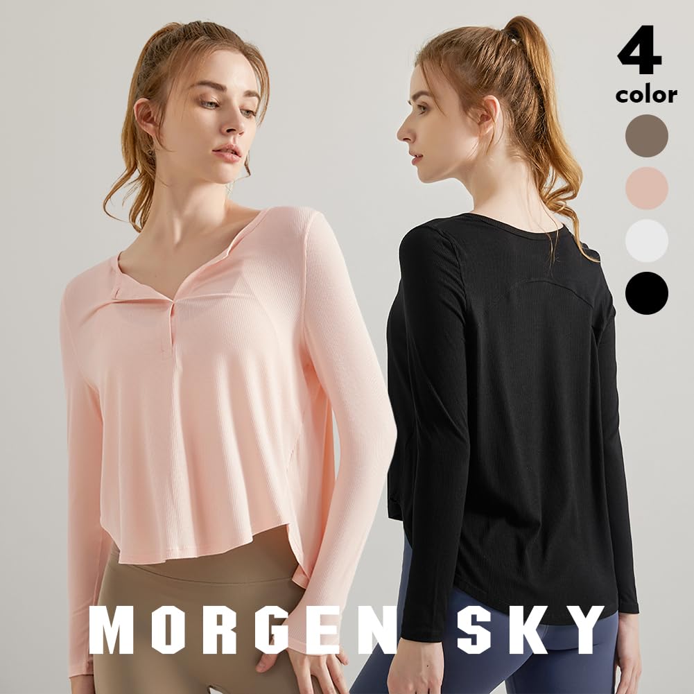 MORGEN SKY Long Sleeve Yoga Loose Long Sleeve CX060 Women's Top, Fit, Sportswear, Fitness, Training, Sweat-Wicking, Quick-Drying, Breathable,