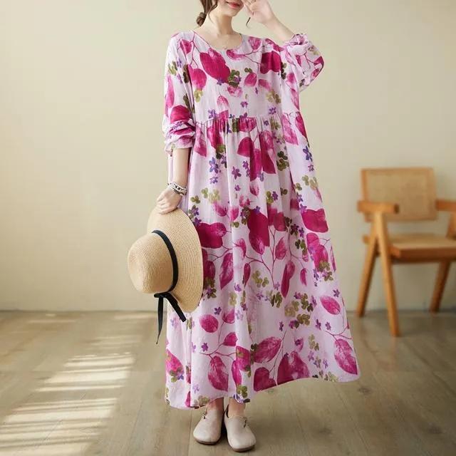 Ladies Spring and Autumn Long-sleeved Dress Retro Loose Large Size Ethnic Style Long Print New A-line Skirt