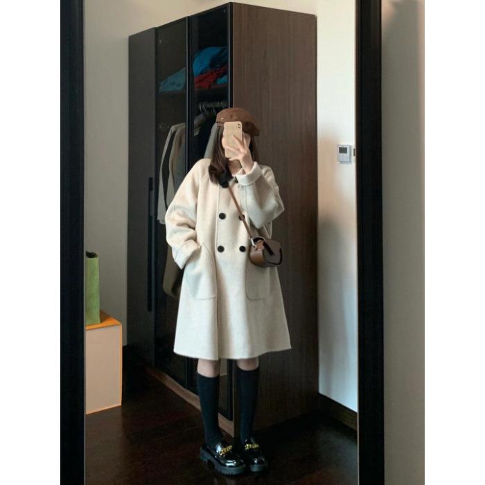 

Vintage college contrasting colors medium and long woolen coat for women, small man, Korean version loose and thin, versatile woolen coat for women 3XL