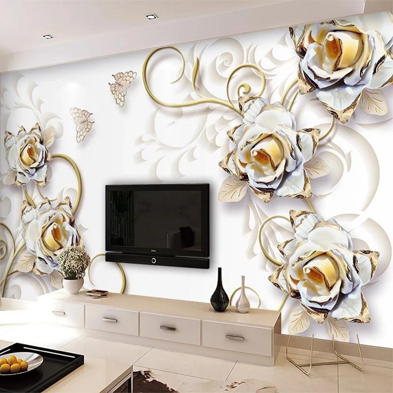 Papier peint Fleur en Relief 3D Fresque Bijoux Modernes Murale Fond Mur TV Salon Chambre Décoration Maison Fresques 3D