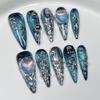 Long Nail Tips With Hand-Painted Butterfly Design 3D Embossed Love Motif Thin Adhesive Press-On Nails Women