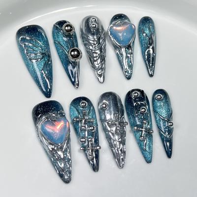 Long Nail Tips With Hand-Painted Butterfly Design 3D Embossed Love Motif Thin Adhesive Press-On Nails Women