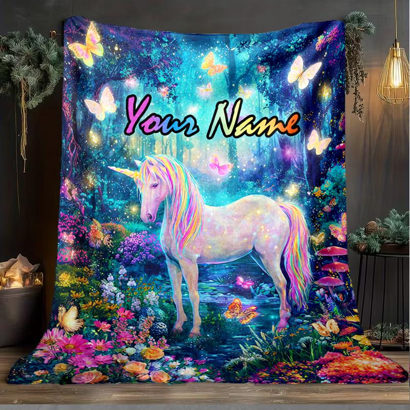 1PC Custom Name Unicorn Fantasy Garden outdooor Flannel blankets Patterns Throw Blanket All-Season Soft Gift for Couch, Bed, Camping gifts