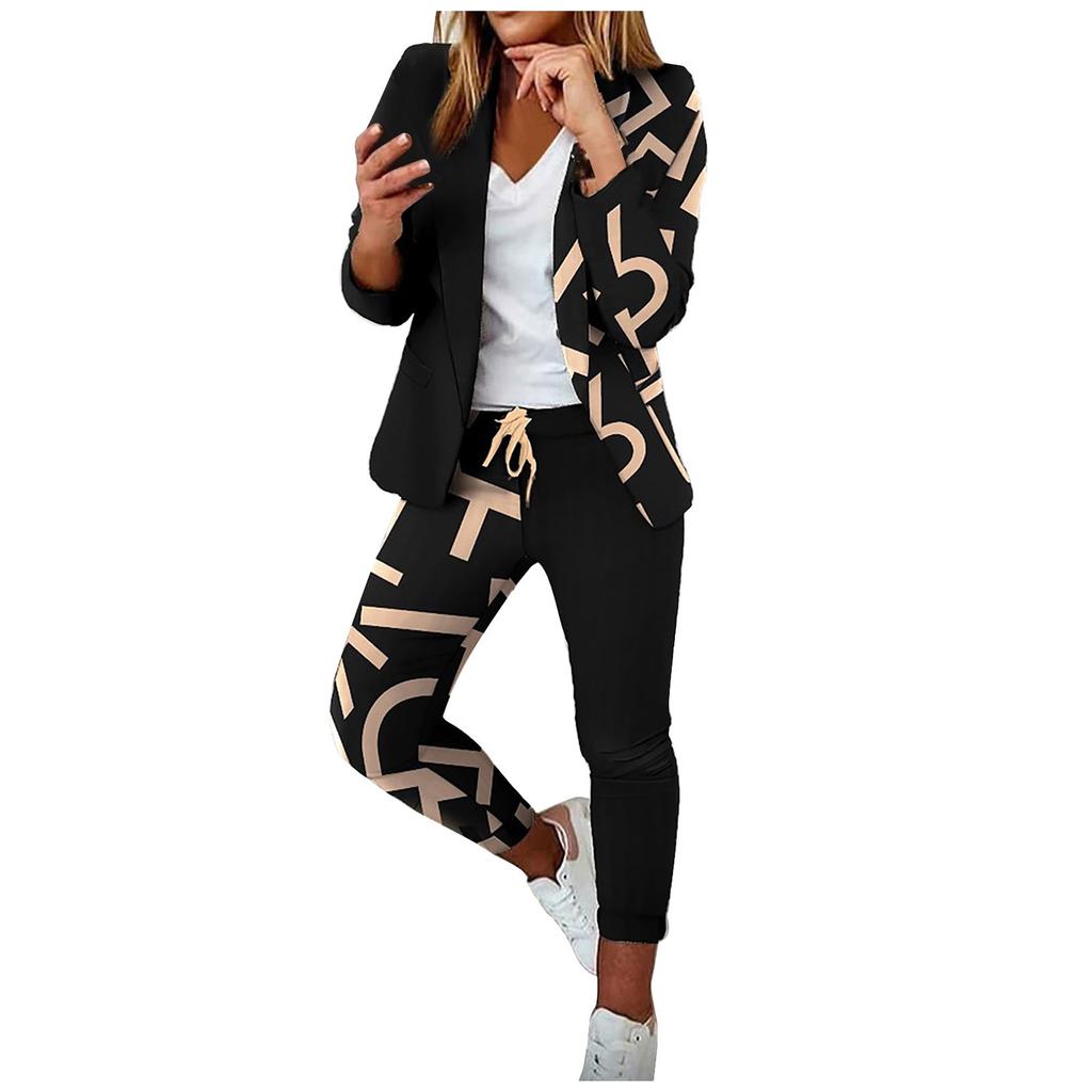 Women 2 Pieces Elegant Slim Fit Jacket Formal Work Pant Lapel Coat Set
