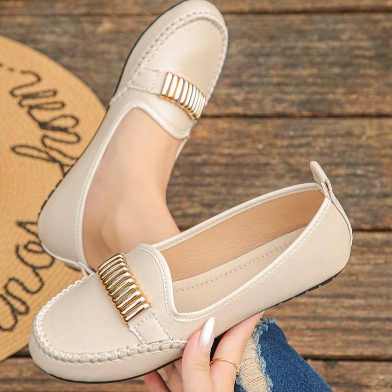 Fashion Plus Size Comfortable Flats Autumn New Round Toe Deep Mouth Metal Buckle Soft Sole Anti-slip Wear-resistant Single Shoes