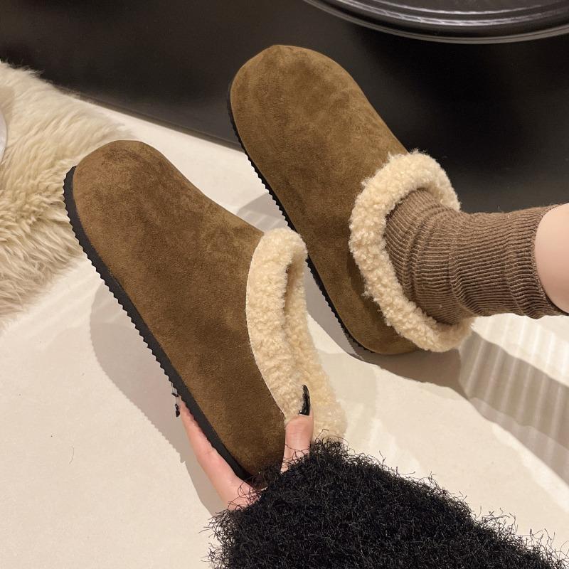 Fashion Winter New Baotou Slippers Women's Fashion Round Head Deep Mouth Suede Anti-slip Wear-resistant Flat Shoes