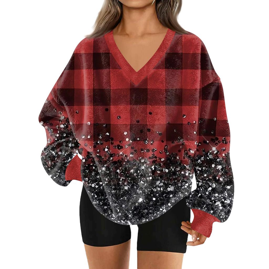 Women's Fashionable V-neck Christmas Printed Long Sleeved Casual Pullover Plush Warm Pocket Sweatshirt Top