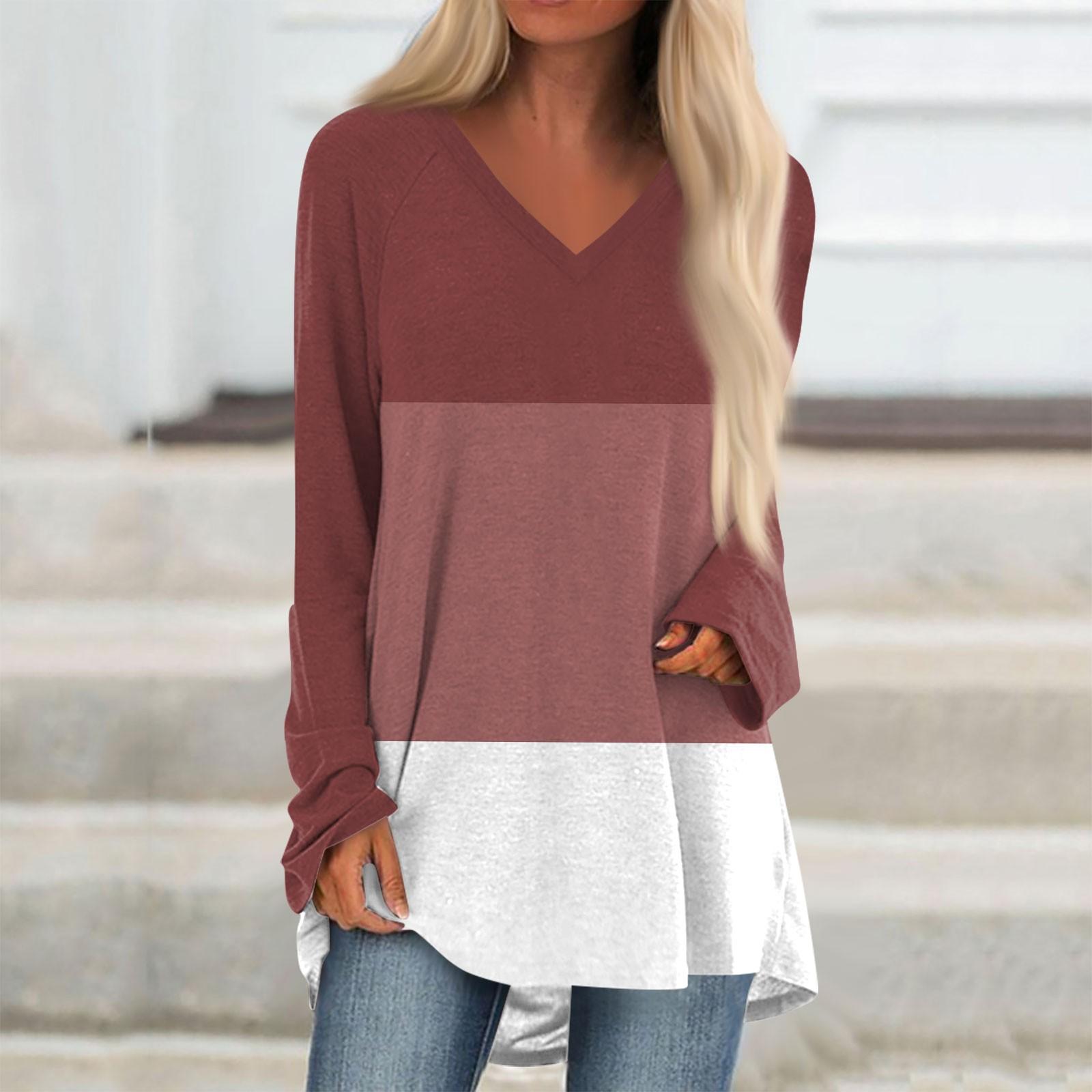 

Женская и зимняя футболка с длинными рукавами и V-образным вырезом в стиле колор-блок, повседневная, длинная, свободная XL винный