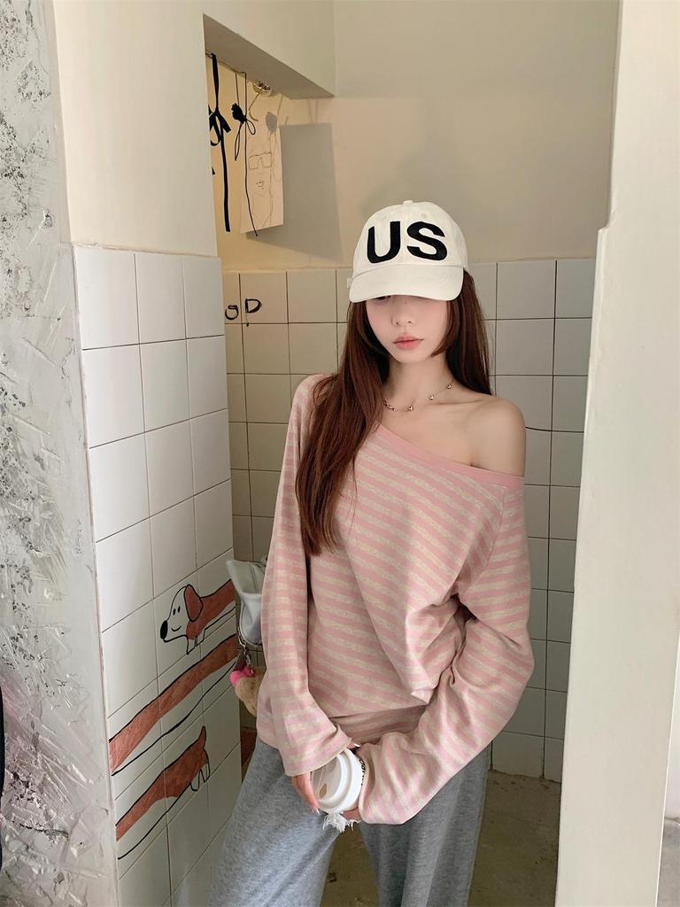 Early Autumn Korean Style Loose Striped Raglan Off-Shoulder Cotton Long Sleeve Women's Top