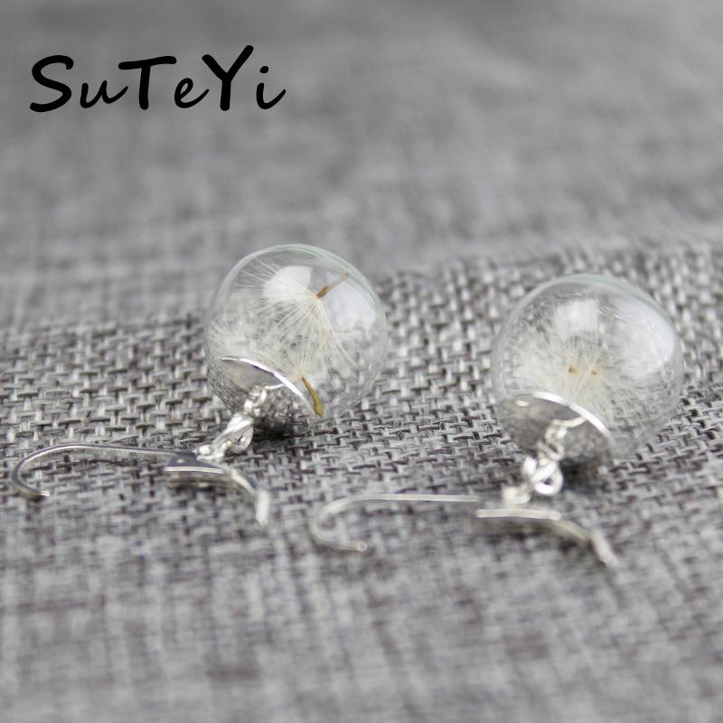 Fashion Dried Flower Earrings Jewelry Natural Dandelion Glass Ball Charm Earrings For Women Jewelry Gifts