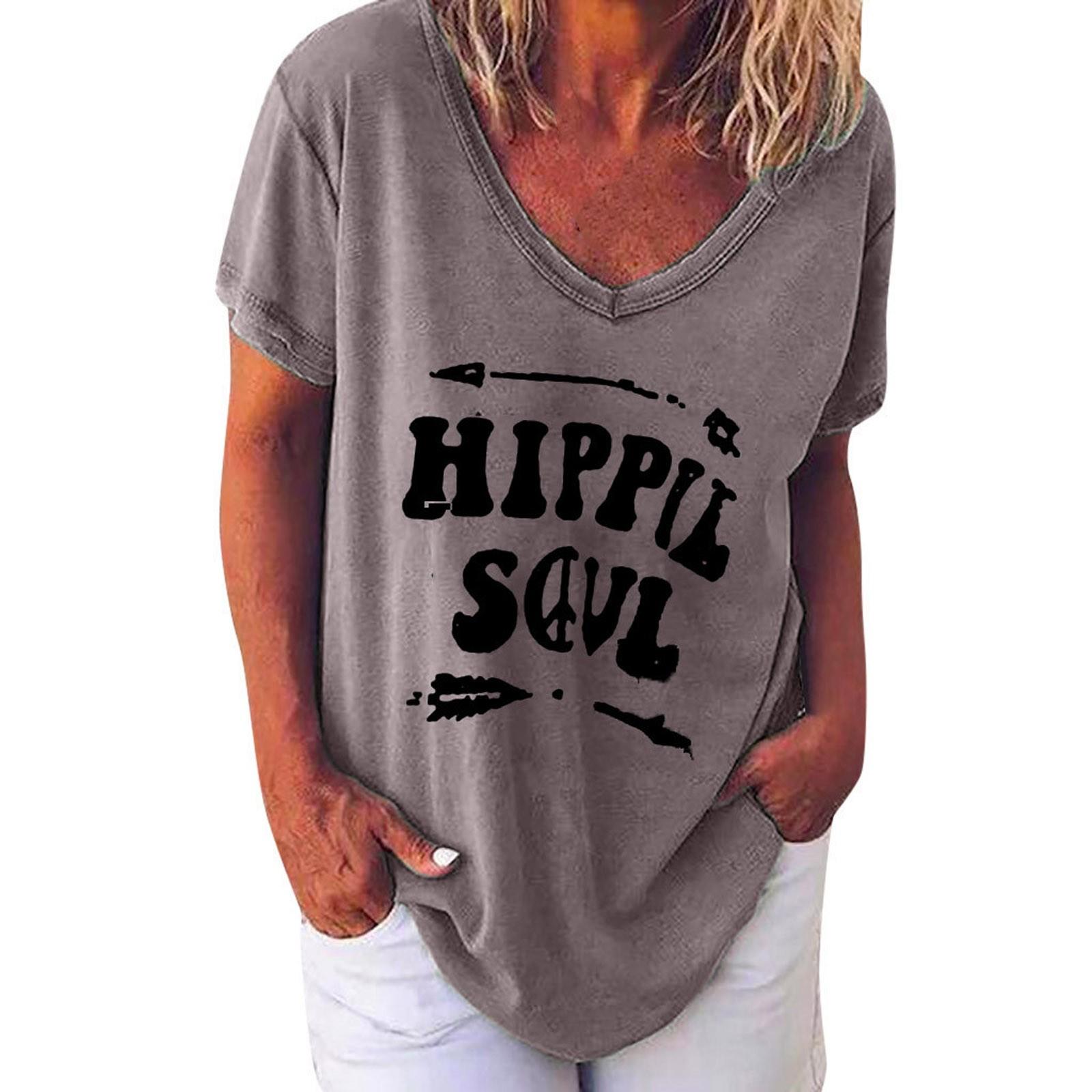 

(SU)Женская модная повседневная свободная футболка с v-образным вырезом и коротким рукавом, верхняя блузка, пуловер