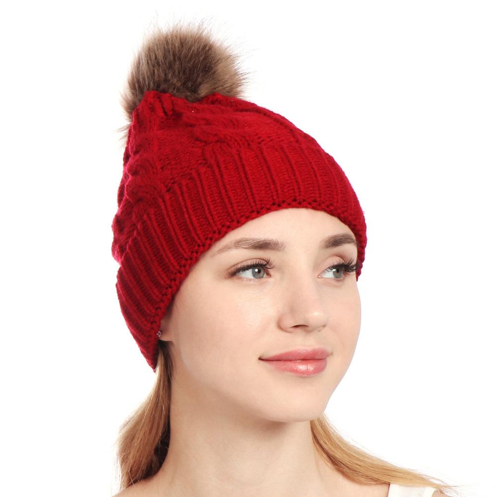 Women Knitted Cap Fashionable Solid Color Fuzzy Ball Warm Hat Cap