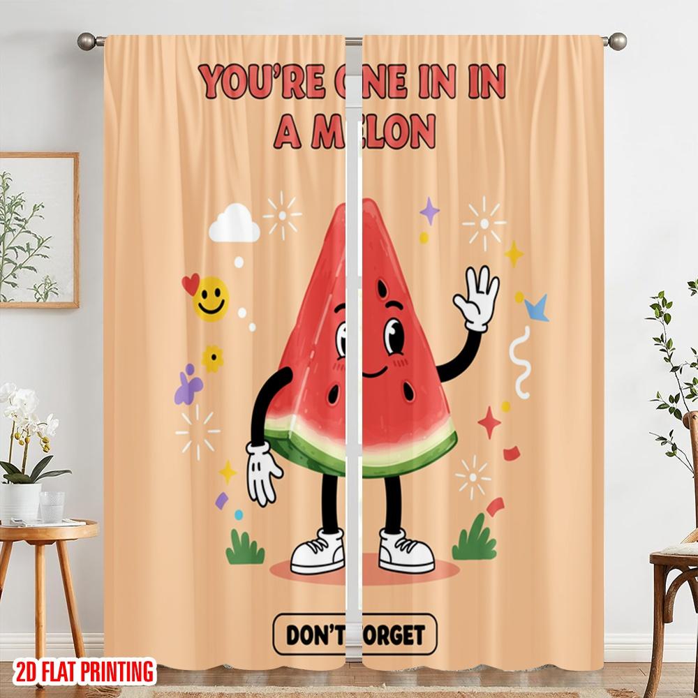 2pcs 2D flat printing Scene Curtains Melon Cute Funny Character 100% Polyester Without Electricity Birthday Party for Bedroom