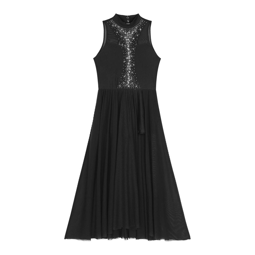 Womens Dance Performance Costume Sparkly Rhinestone Sleeveless Dress Mock Neck Back Keyhole Side Split Dresses