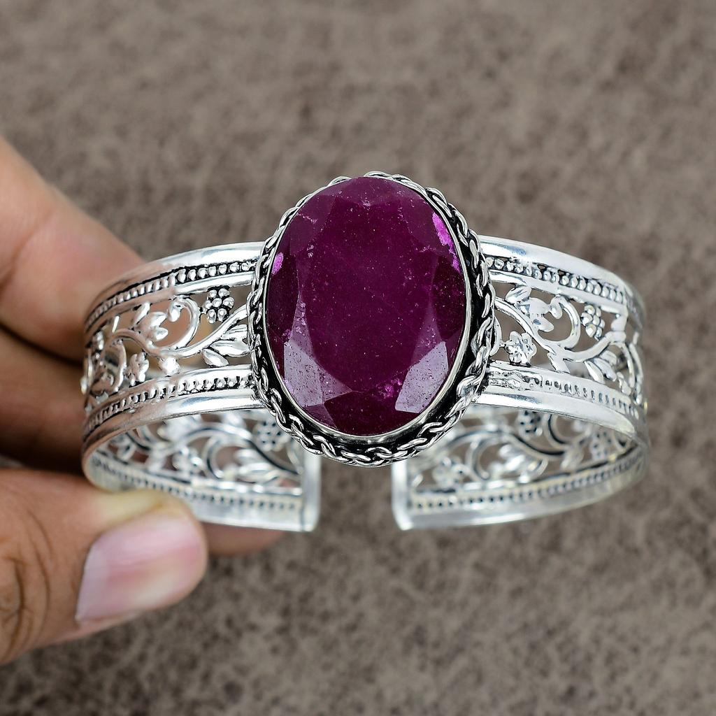 Kashmir Red Ruby Gemstone 925 Sterling Silver Cuff Bangle Adjustable KKG-182