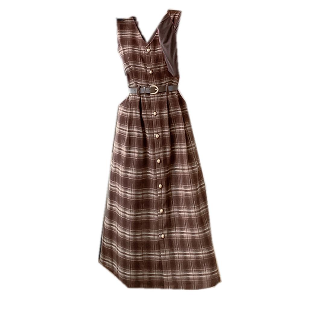 Retro Kariertes Ärmelloses Tweed-Knielanges Kleid für Damen Herbst Winter V-Ausschnitt Ärmelloses Oberteil Tankkleid