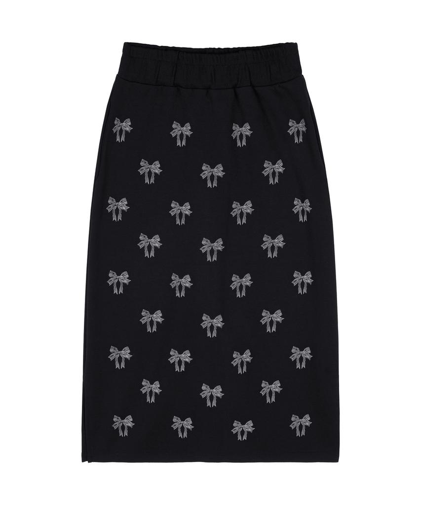 Metapeo Met Ribbon Print Elastic Waist Long Skirt Navy & Ivory
