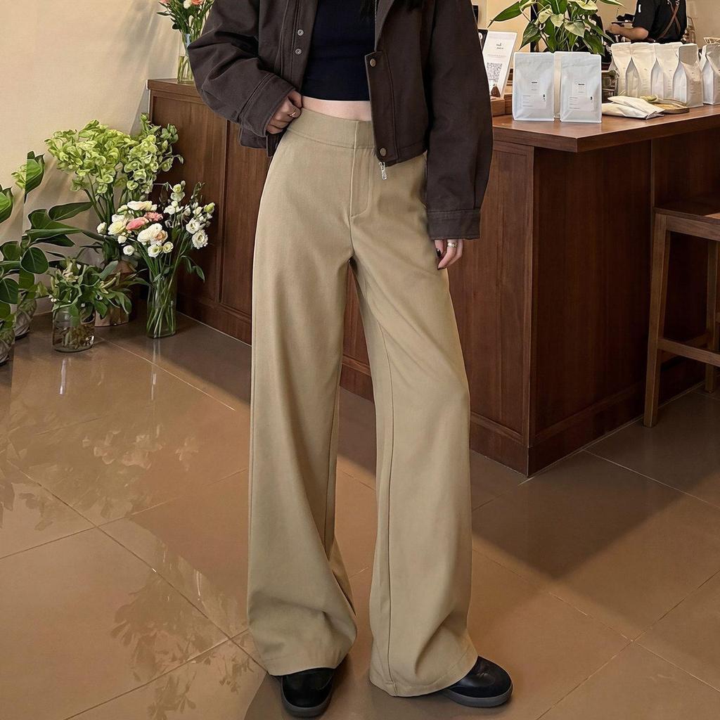Women's Khaki Wide-Leg Trousers - Spring/Autumn 2026 High-End Slim Straight-Leg Suit Pants