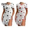 Lady Nightdress Contrast Color Heart Printing Shirring Edge Bow Decor Slit Hem Loose Short Sleeves Bedroom Dress Summer Sleepwear